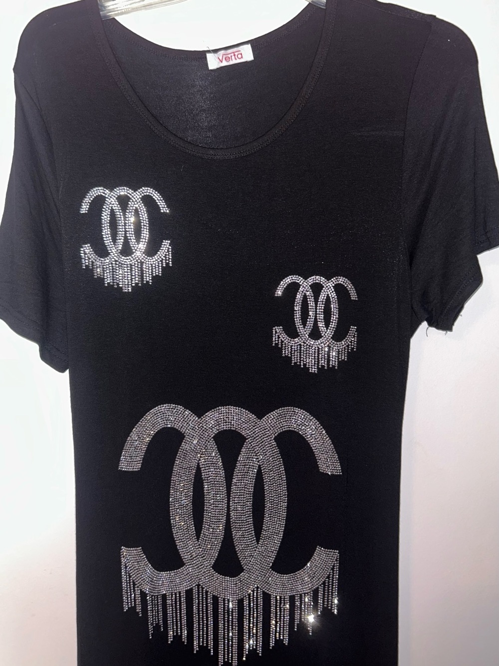 Black inspired Chanel Short Sleeve long maxi dress,  with Silver Rhinestone